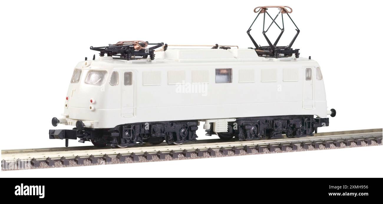 Electric locomotive engine and tracks model railway cut out still life ...