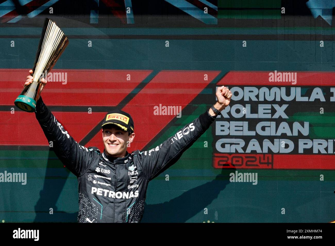 First place, Mercedes driver George Russell of Britain, celebrates on ...