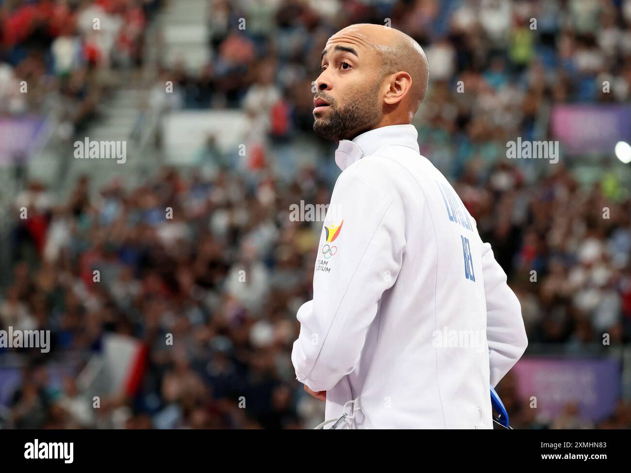 Paris, France. 28th July, 2024. Belgian fencer Neisser Loyola looks ...