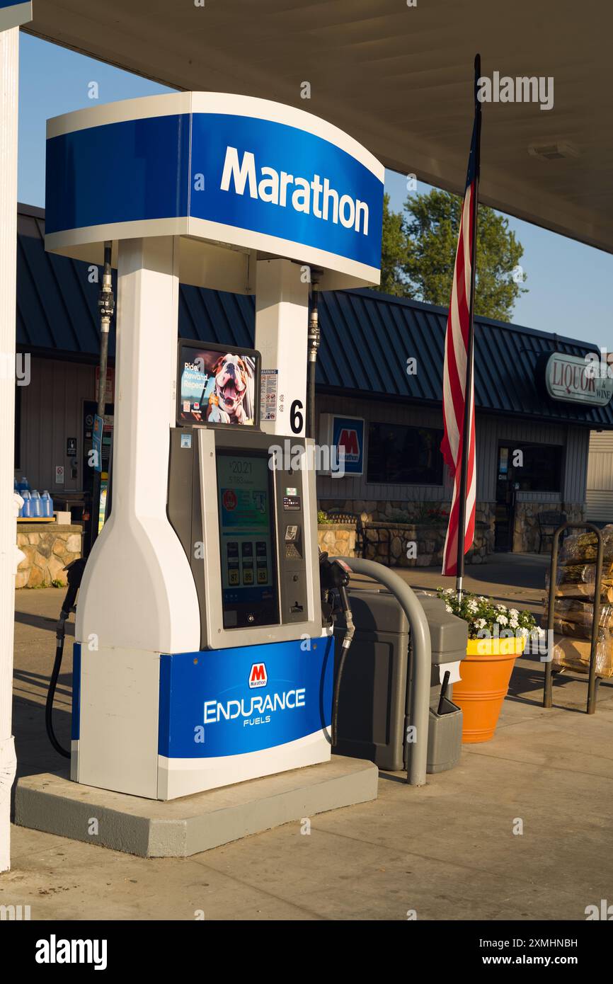 Marathon gasoline pump at a gas station in Lexington Michigan USA Stock Photo