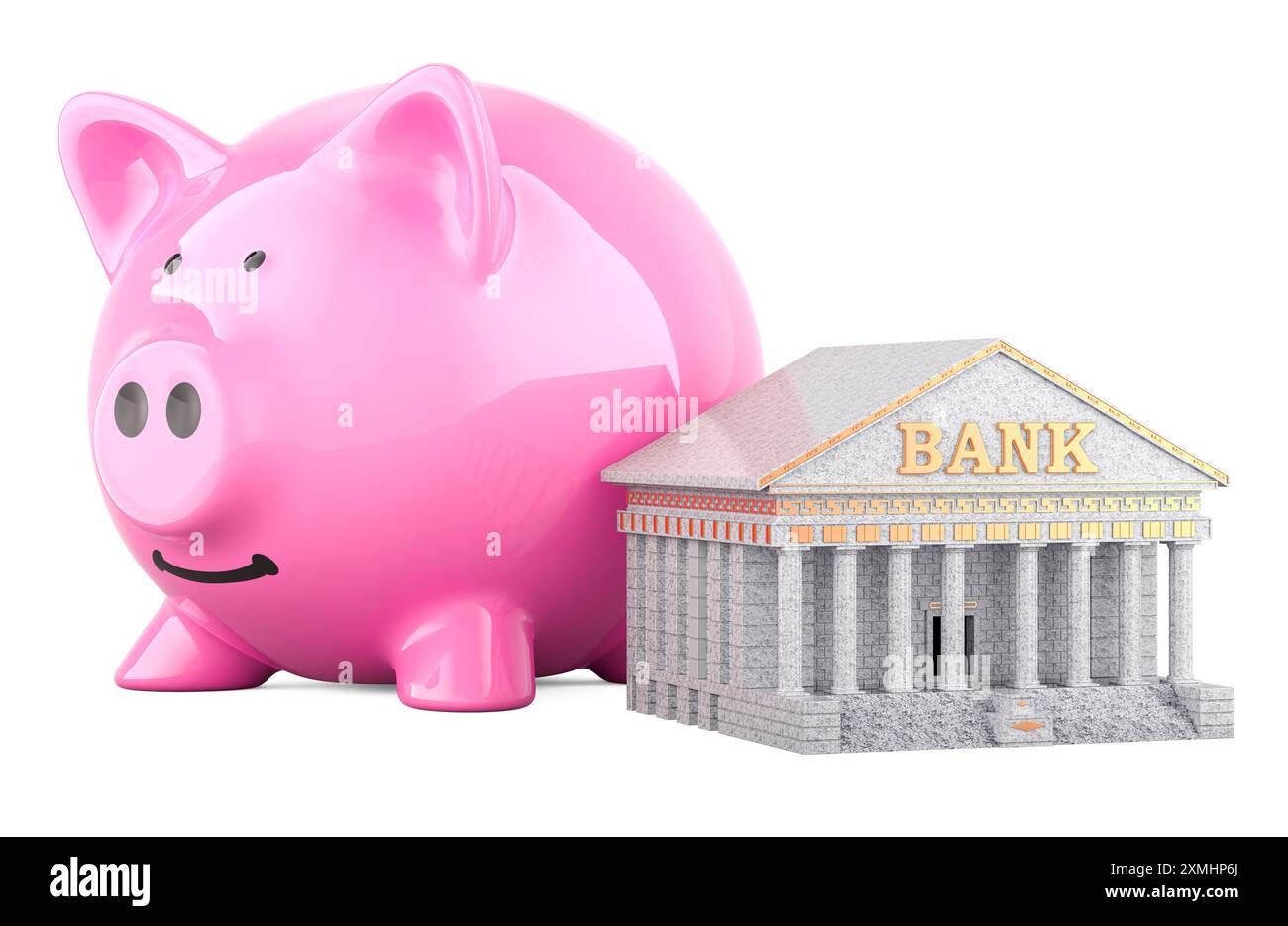 Bank Building with Piggy Bank, 3D rendering isolated on white ...