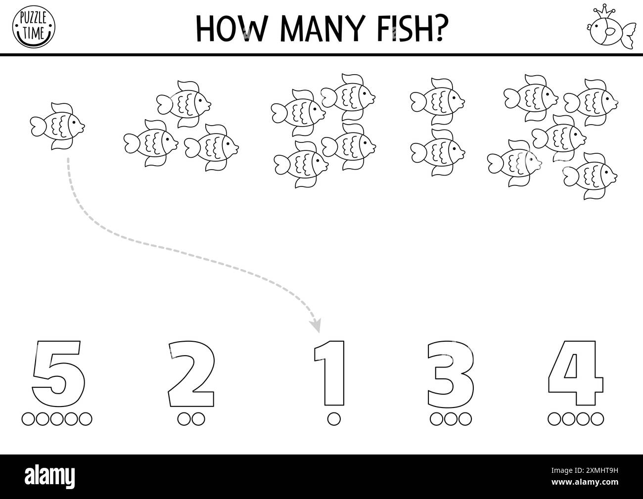 Simple match the numbers mermaid game with colored fish. Black and