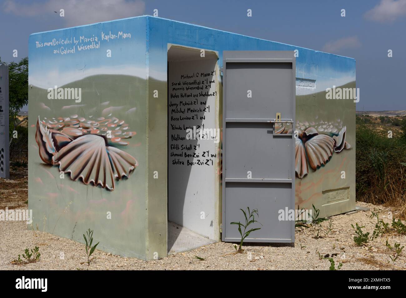 Decorated, mobile bomb shelters in southern Israel to protect residents of the region from Hamas terrorist rocket attacks launched from the nearby Gaz Stock Photo