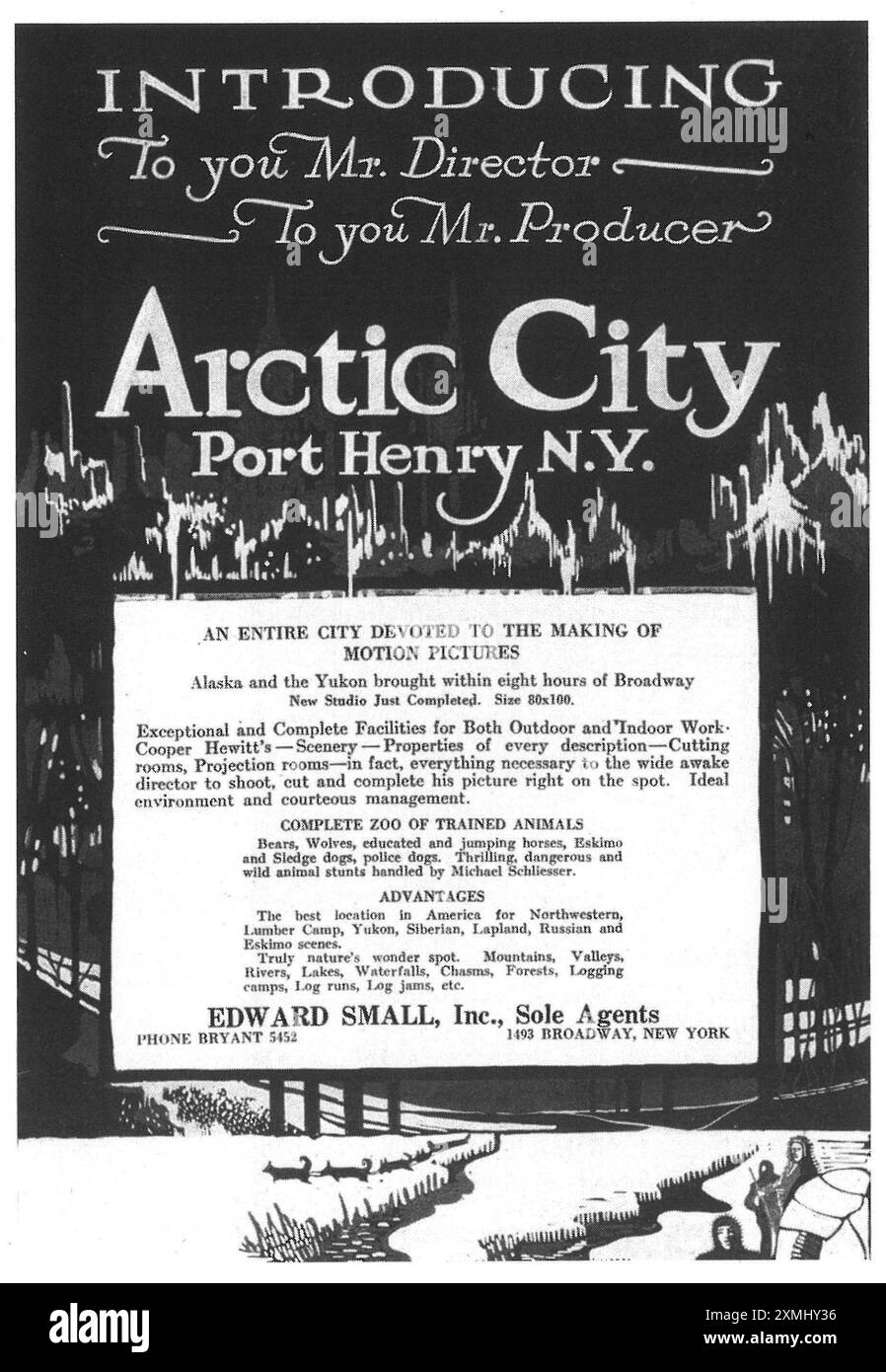 1919 Arctic City Port Henry N.Y. facilities - 'Entire city devoted to the making of motion pictures' - Edward Small Agents Stock Photo
