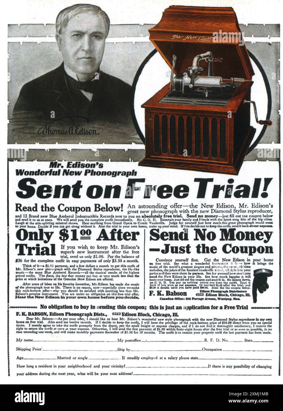 1917 Edison phonograph ad - - Thomas Edison portrait - 'Sent on free trial' Stock Photo