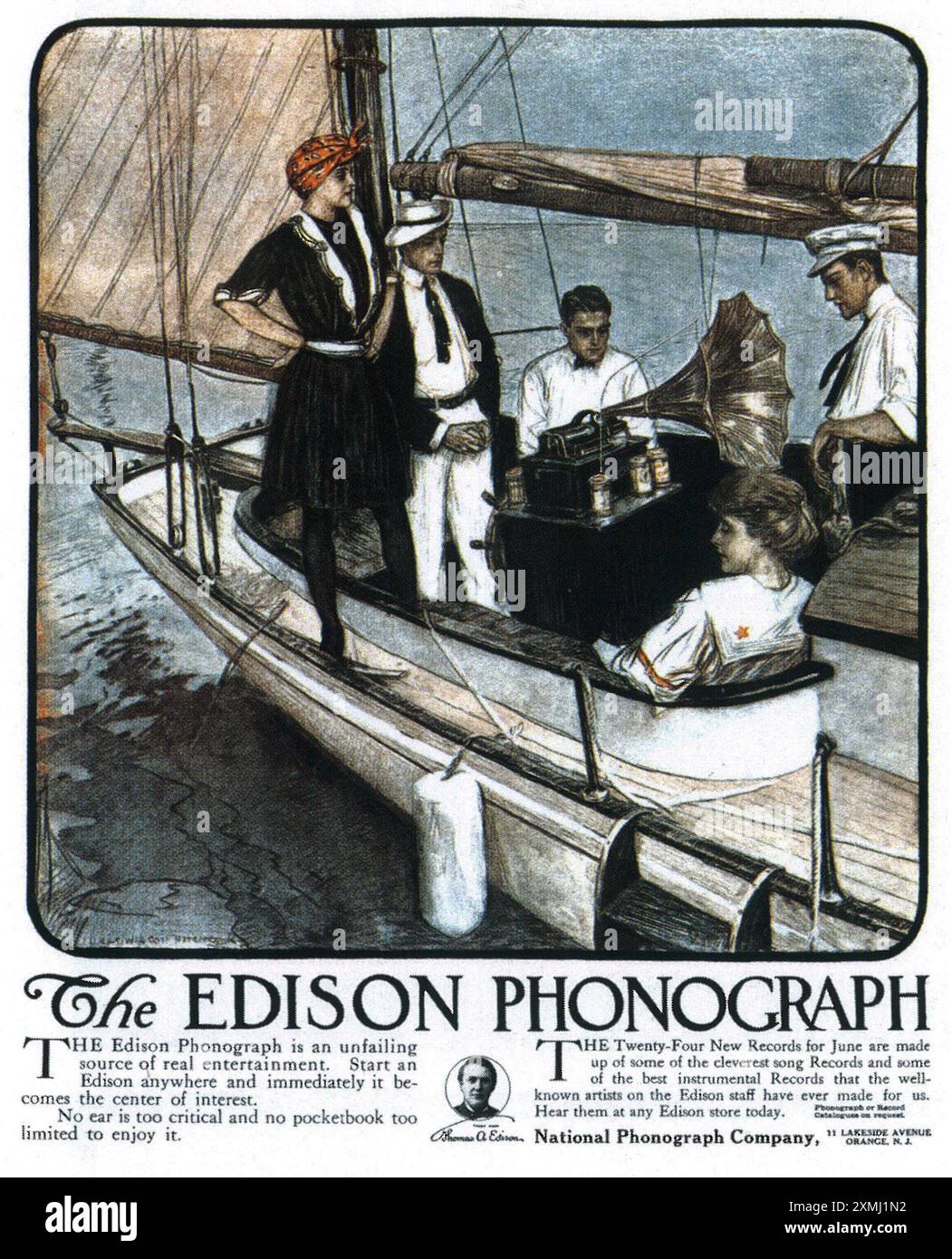 1908 Edison phonograph ad  - people on a bota sailing listening to music Stock Photo