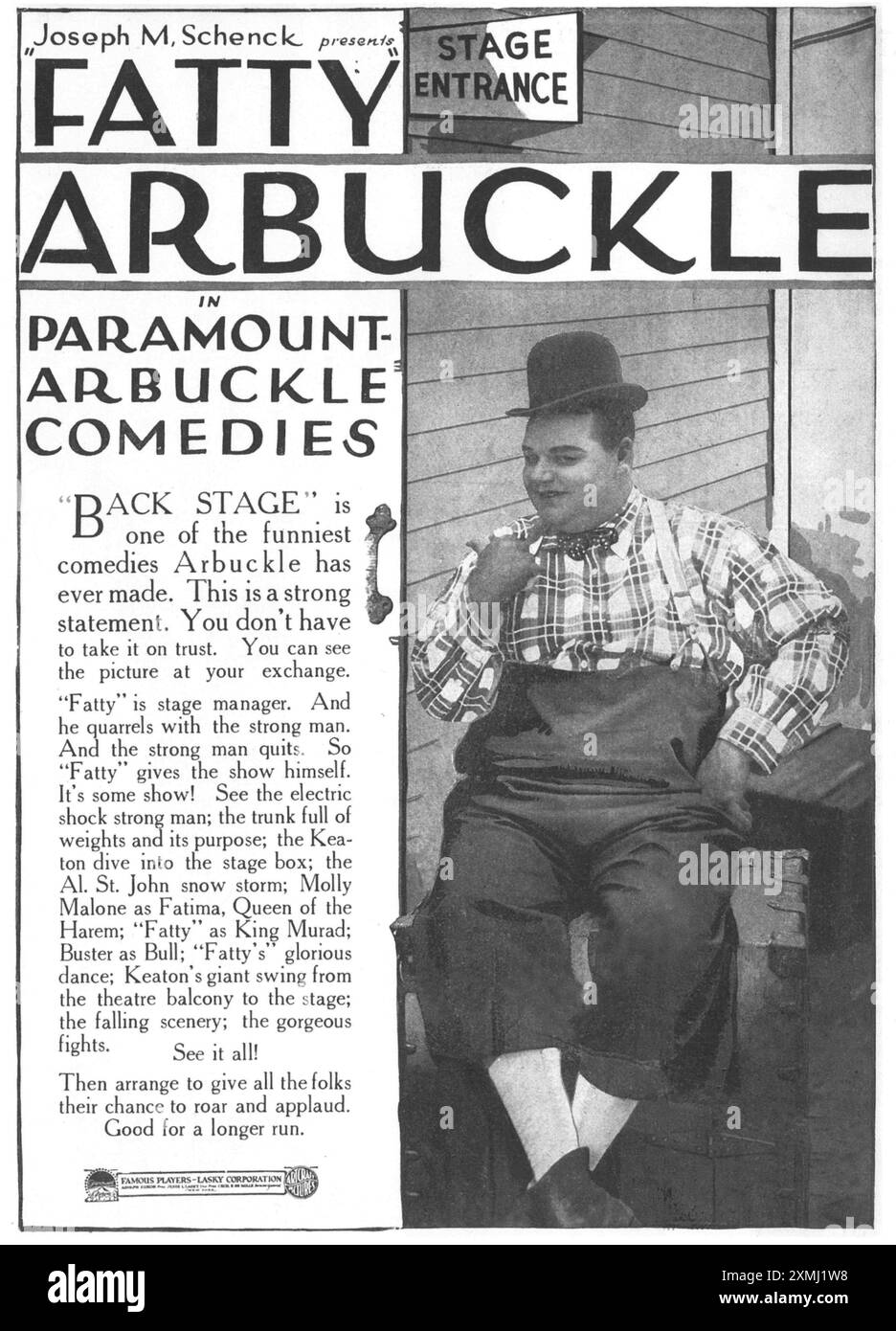 1919 Fatty Arbuckle Back Stage comedy film promo - Paramount- Arbuckle Comedies Studio Stock Photo