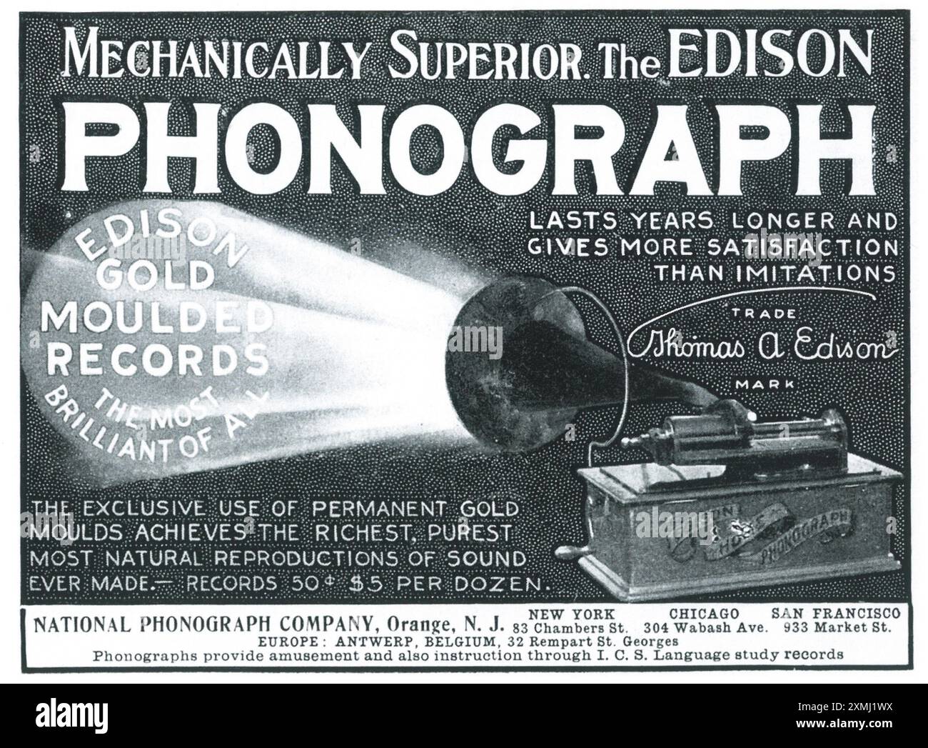 1904 Edison phonograph ad - 'Edison gold moulded records' Stock Photo