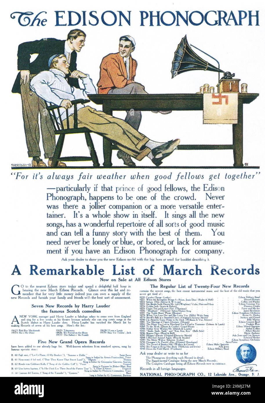 1908 Edison phonograph ad - Sheridan art Stock Photo