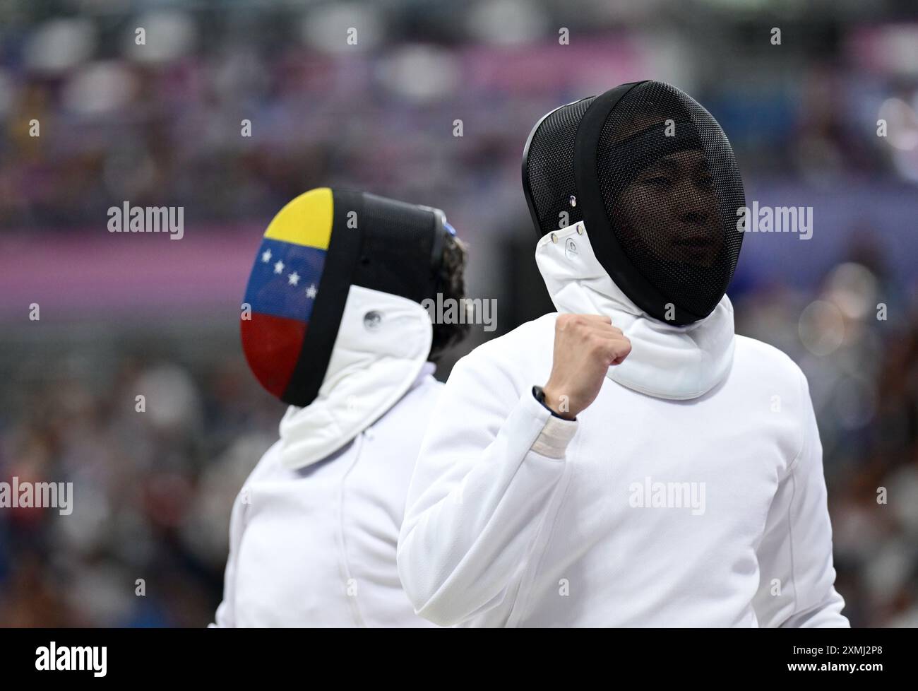 Paris, France. 28th July, 2024. Wang Zijie (R) of China celebrates ...