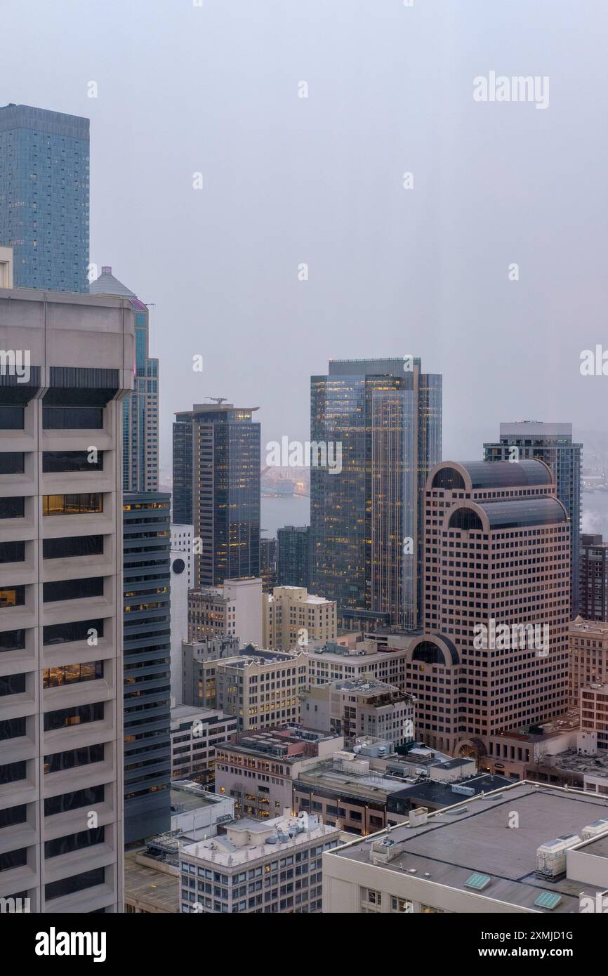 View across foggy downtown Seattle, WA, USA in early 2023. Stock Photo