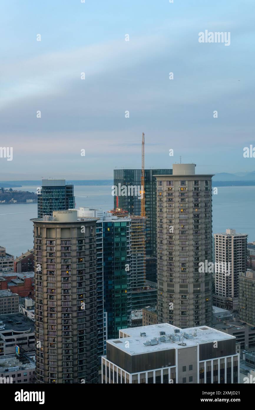 View across foggy downtown Seattle, WA, USA in early 2023. Stock Photo