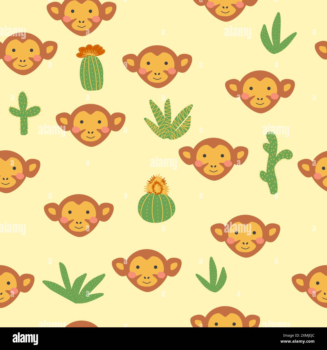 Seamless pattern with cute monkey animal faces. Illustration in boho style, dream catcher, cactus, palm trees, tropics Stock Vector