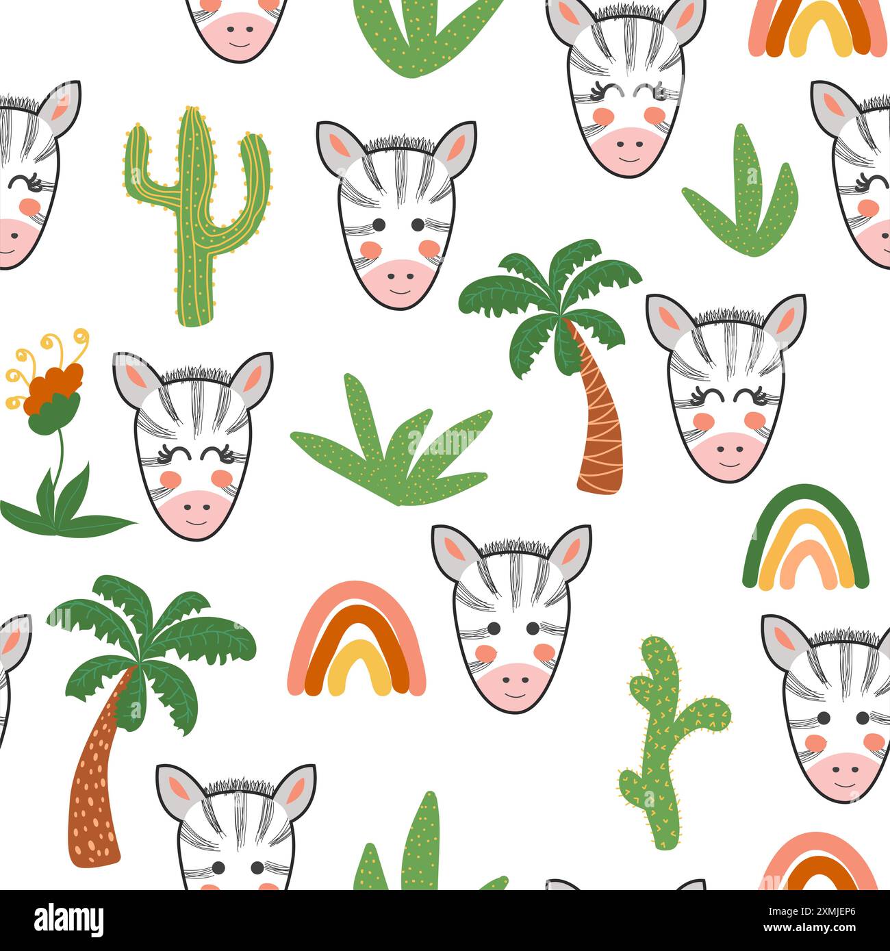 Seamless pattern with cute zebra animal faces. Illustration in boho style, dream catcher, cactus, palm trees, tropics Stock Vector