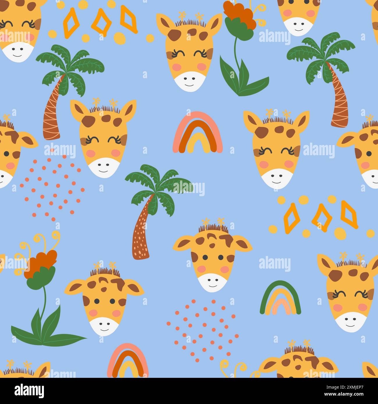 Seamless pattern with cute giraffe animal faces. Illustration in boho ...