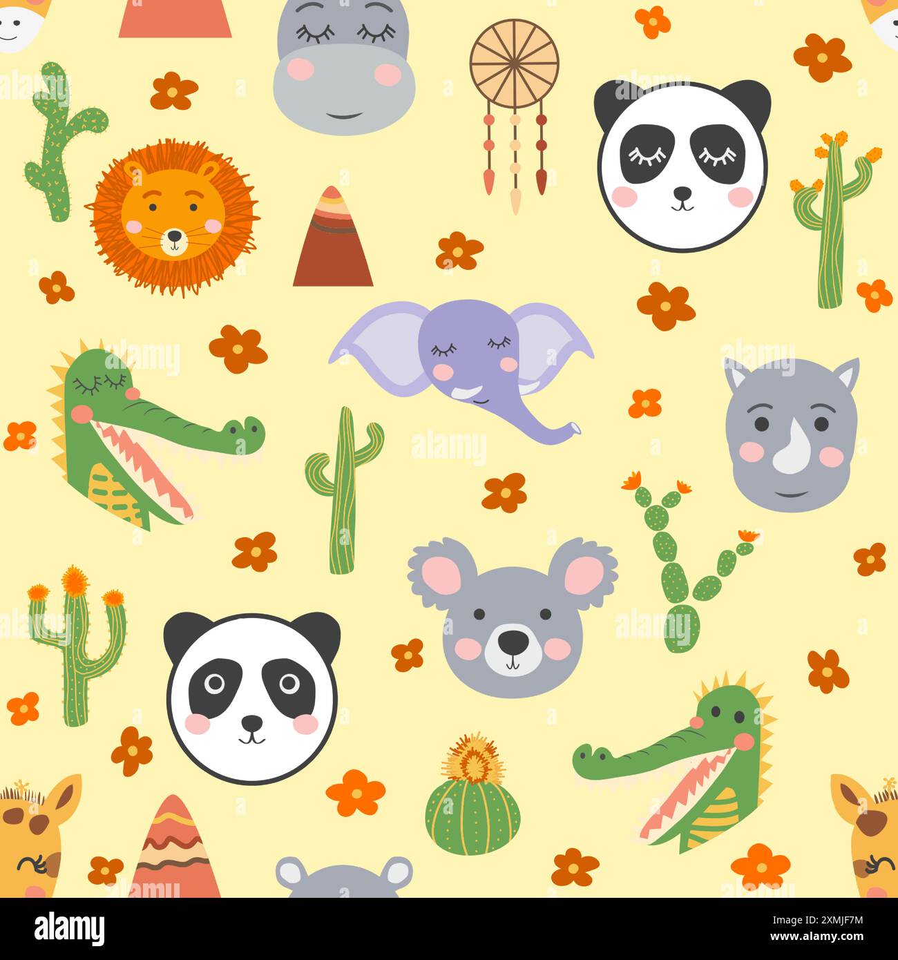 Boho Animal Pattern Seamless pattern with cute tribal animal faces. Illustration in boho ...