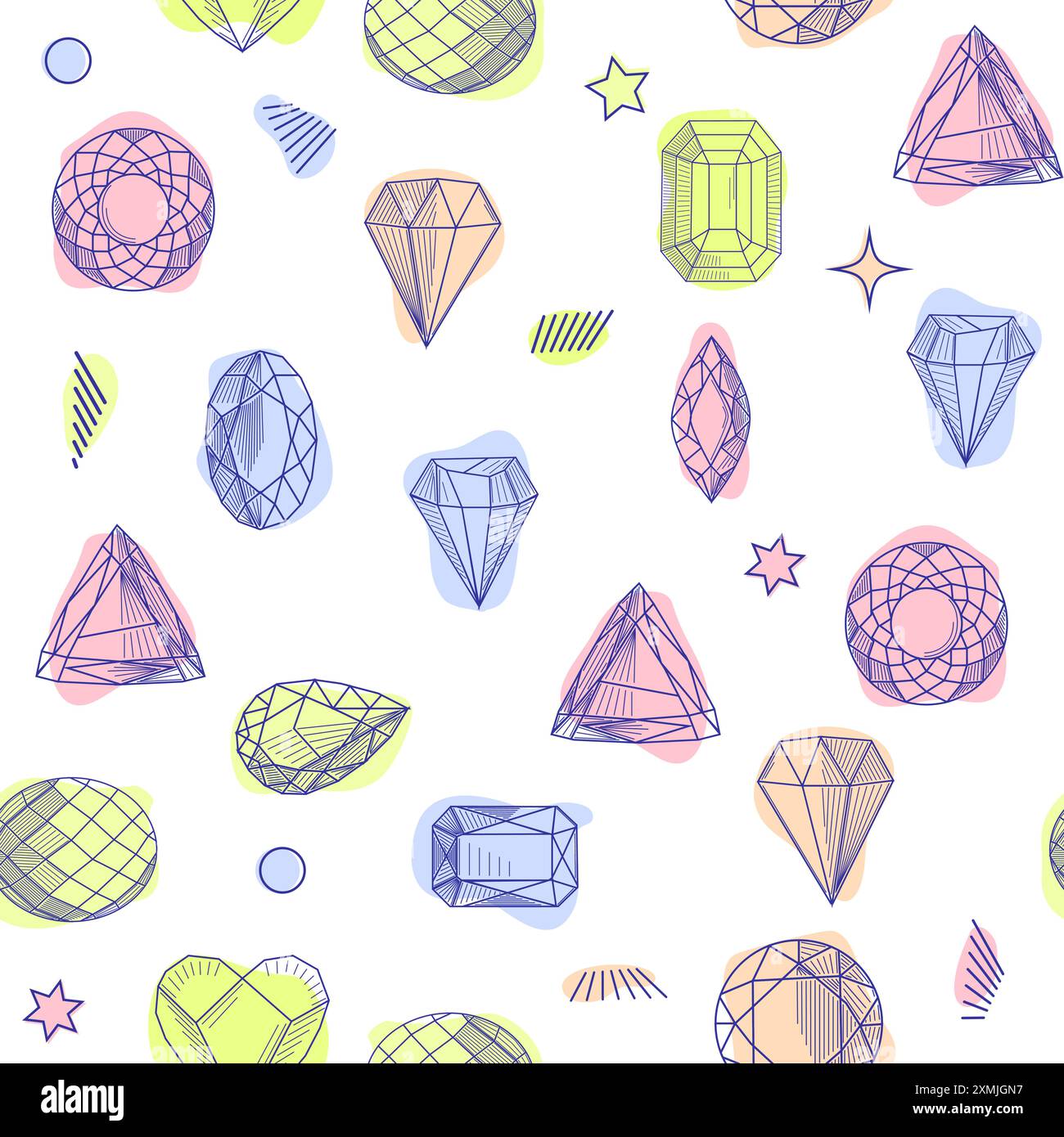 Gemstone crystal seamless pattern. Pastel gems and stars on white ...