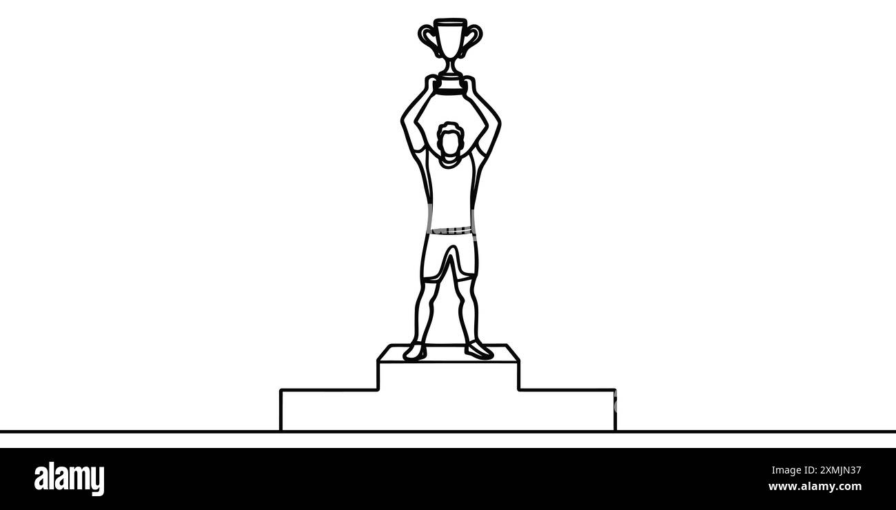 Single continuous line drawing male athlete wearing sports jersey lifting golden trophy with one hand on podium. Celebrating victory of competition. O Stock Vector