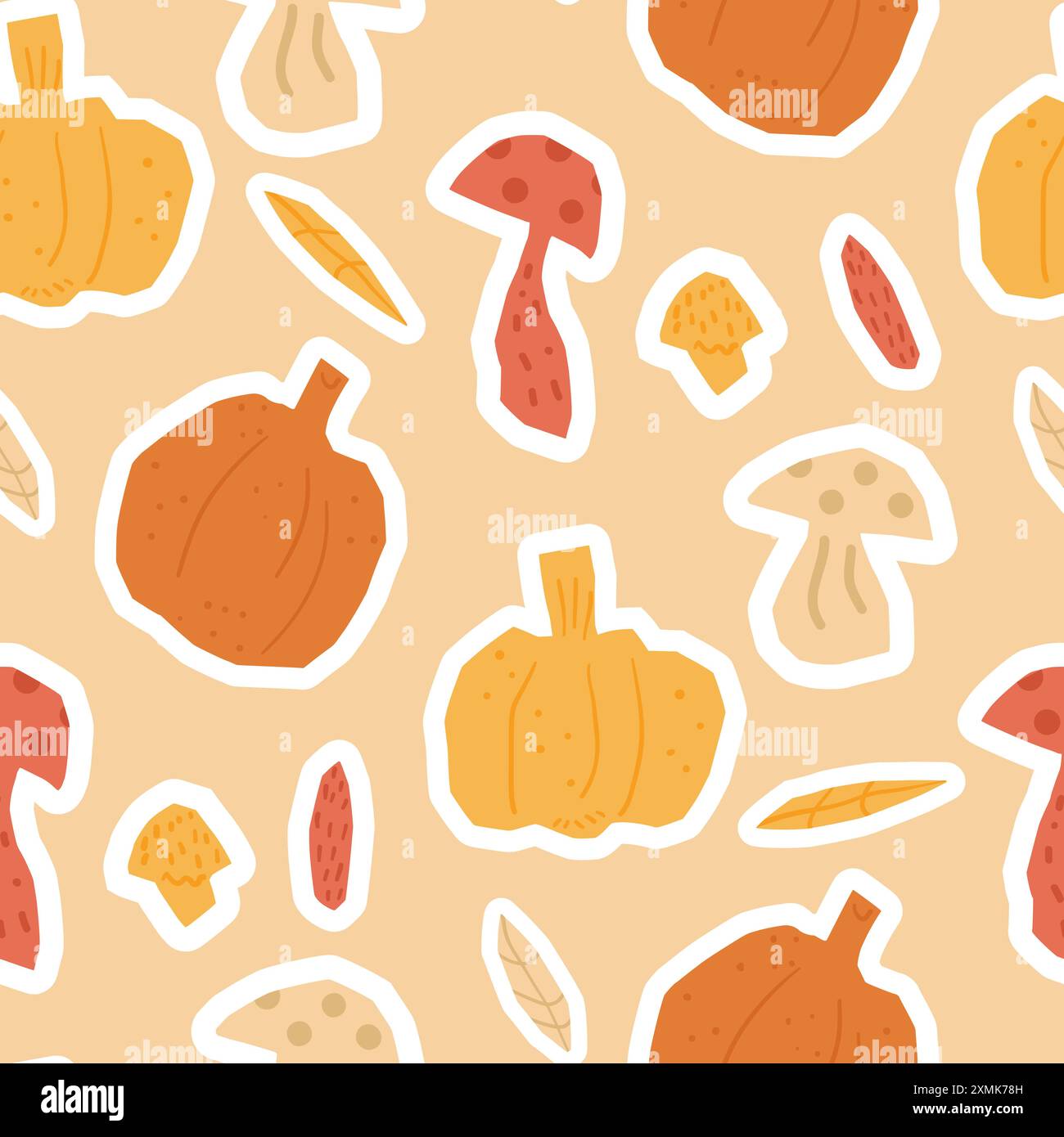 Pumpkin, mushroom and leaves stickers seamless pattern. Cut outs paper shapes repeat background. Autumn harvesting endless design. Vector hand drawn i Stock Vector