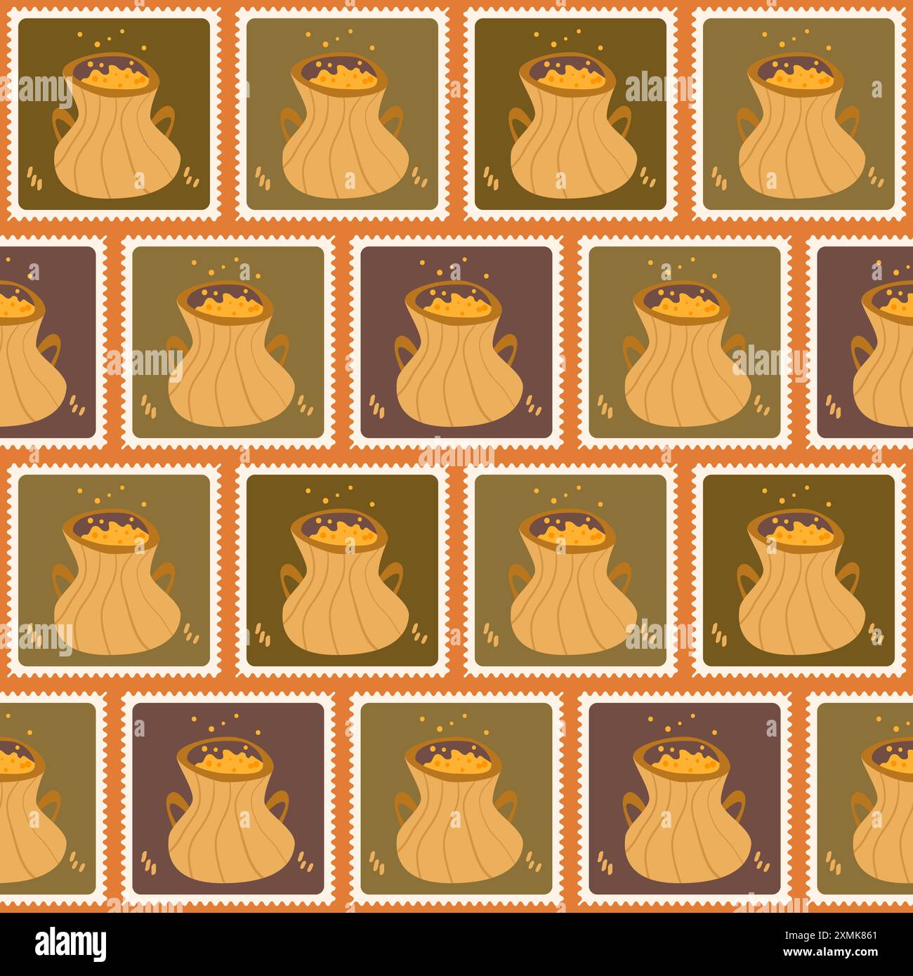 Cauldrons checked seamless pattern. Bento box Halloween repeat background. wizard tools retro stamps endless surface design. Vector hand drawn flat il Stock Vector