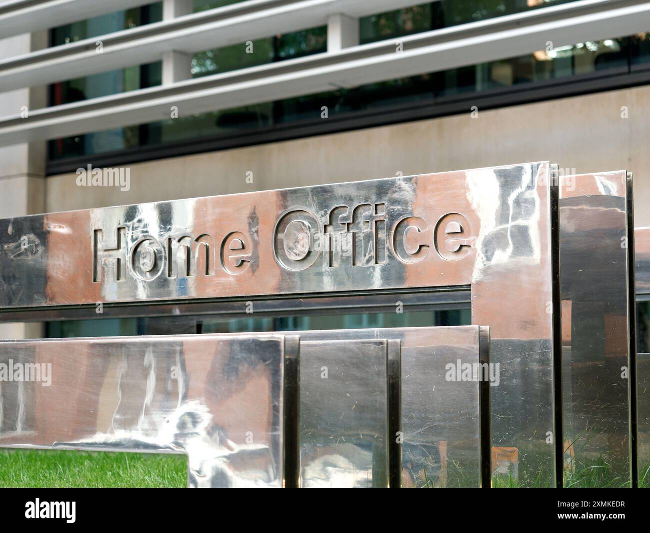 Close-up view of the Home Office name-plate outside the Home Office building in Marsham Street Westminster London Stock Photo