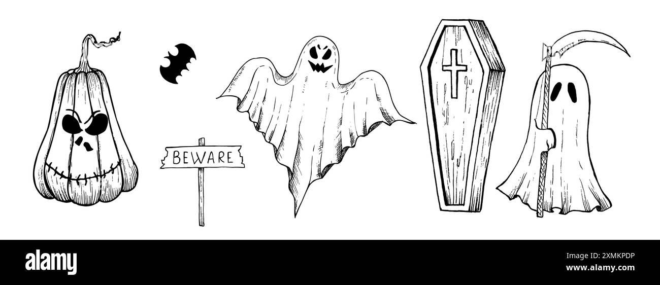 Halloween grim Reaper, pumpkin, bat. Wooden sign board Beware. Vector ...