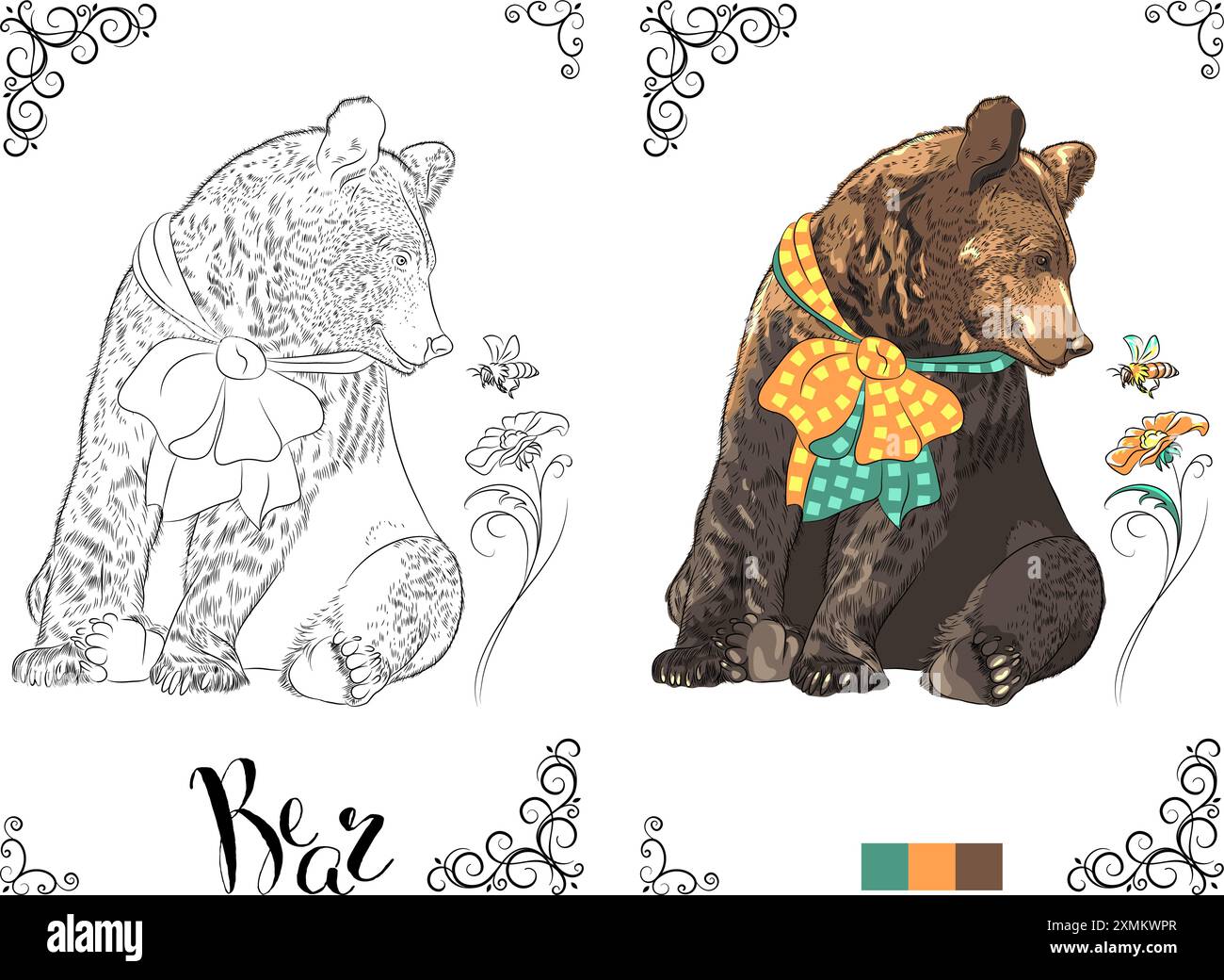 Vector coloring book page of a bear with a large bow and a bee, ready for coloring Stock Vector