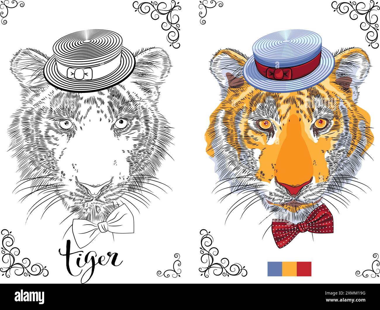 Vector coloring book page of a tiger wearing a hat and bow tie, ready ...