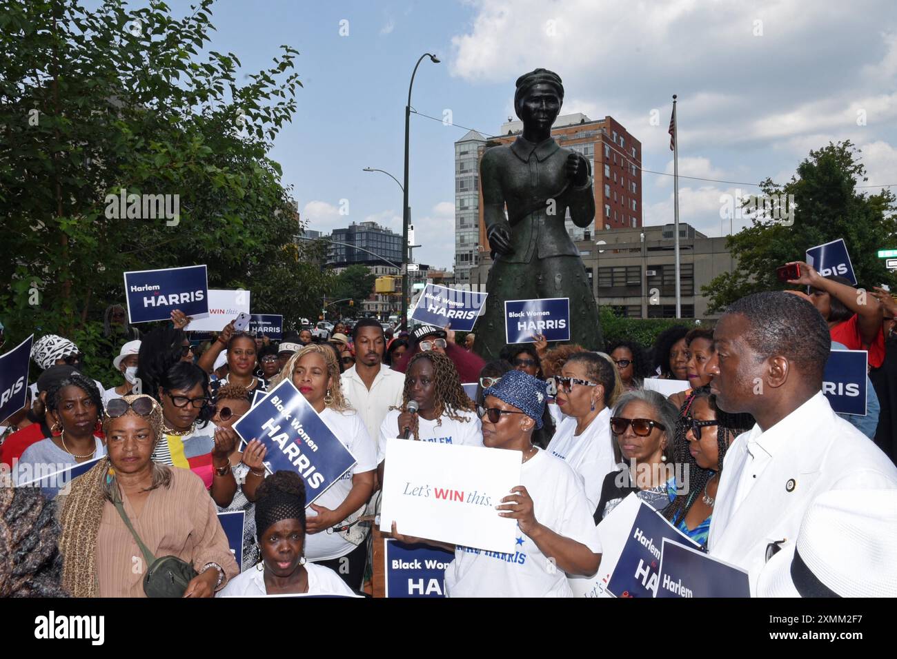 July 28, 2024, %G: (NEW) With the statue of Harriet Tubman in the background, a Harlem black womenÃ¢â‚¬â„¢s organization is supporting Vice President Kamala Harris for President, after President Joe Biden decided not to run for re-election. July 28th 2024, New York City, New York, U. S. A. Biden, age 81, could not reverse a growing sentiment within his party that he was too frail to serve and destined to lose to Donald Trump in November. As a result, He backed Vice President Kamala Harris to replace him as the Democratic nominee. If Kamala Harris is elected by the Democratic Party and wins the Stock Photo