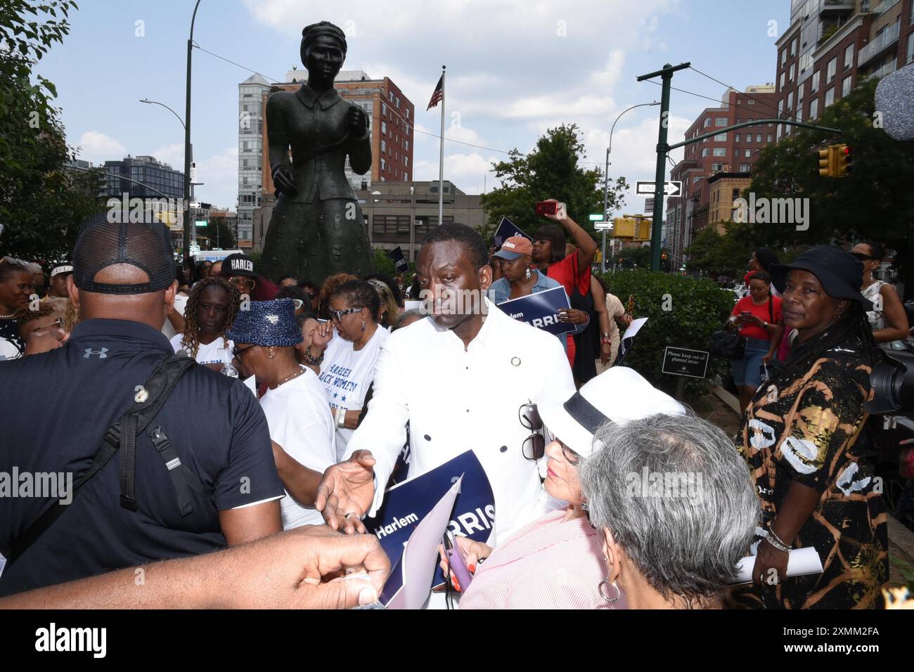 July 28, 2024, %G: (NEW) With the statue of Harriet Tubman in the background, a Harlem black womenÃ¢â‚¬â„¢s organization is supporting Vice President Kamala Harris for President, after President Joe Biden decided not to run for re-election. July 28th 2024, New York City, New York, U. S. A. Biden, age 81, could not reverse a growing sentiment within his party that he was too frail to serve and destined to lose to Donald Trump in November. As a result, He backed Vice President Kamala Harris to replace him as the Democratic nominee. If Kamala Harris is elected by the Democratic Party and wins the Stock Photo