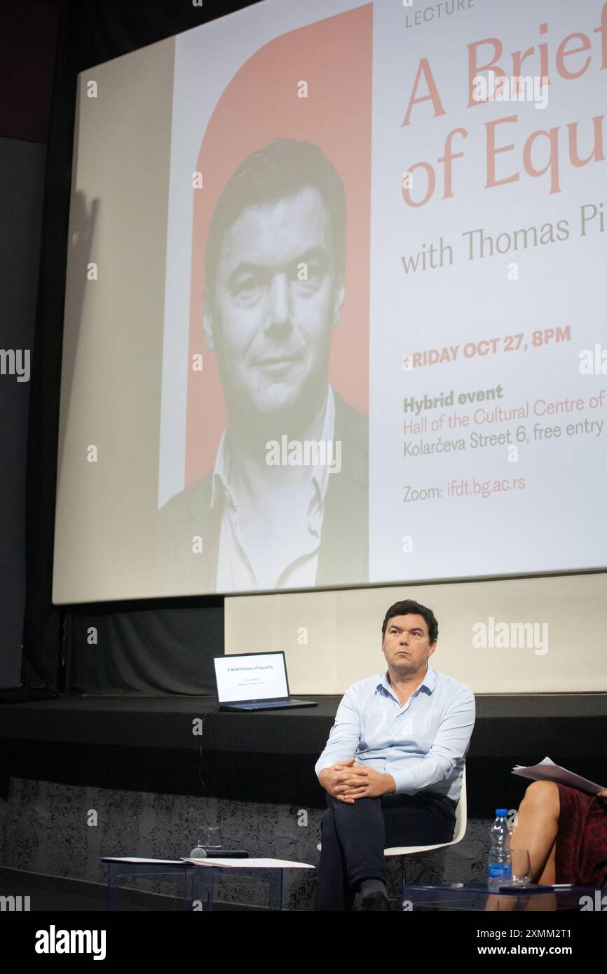 RPicture of a portrait of Thomas Piketty talking during a conference in belgrade, Serbia. Thomas Piketty is a French economist who is a professor of e Stock Photo