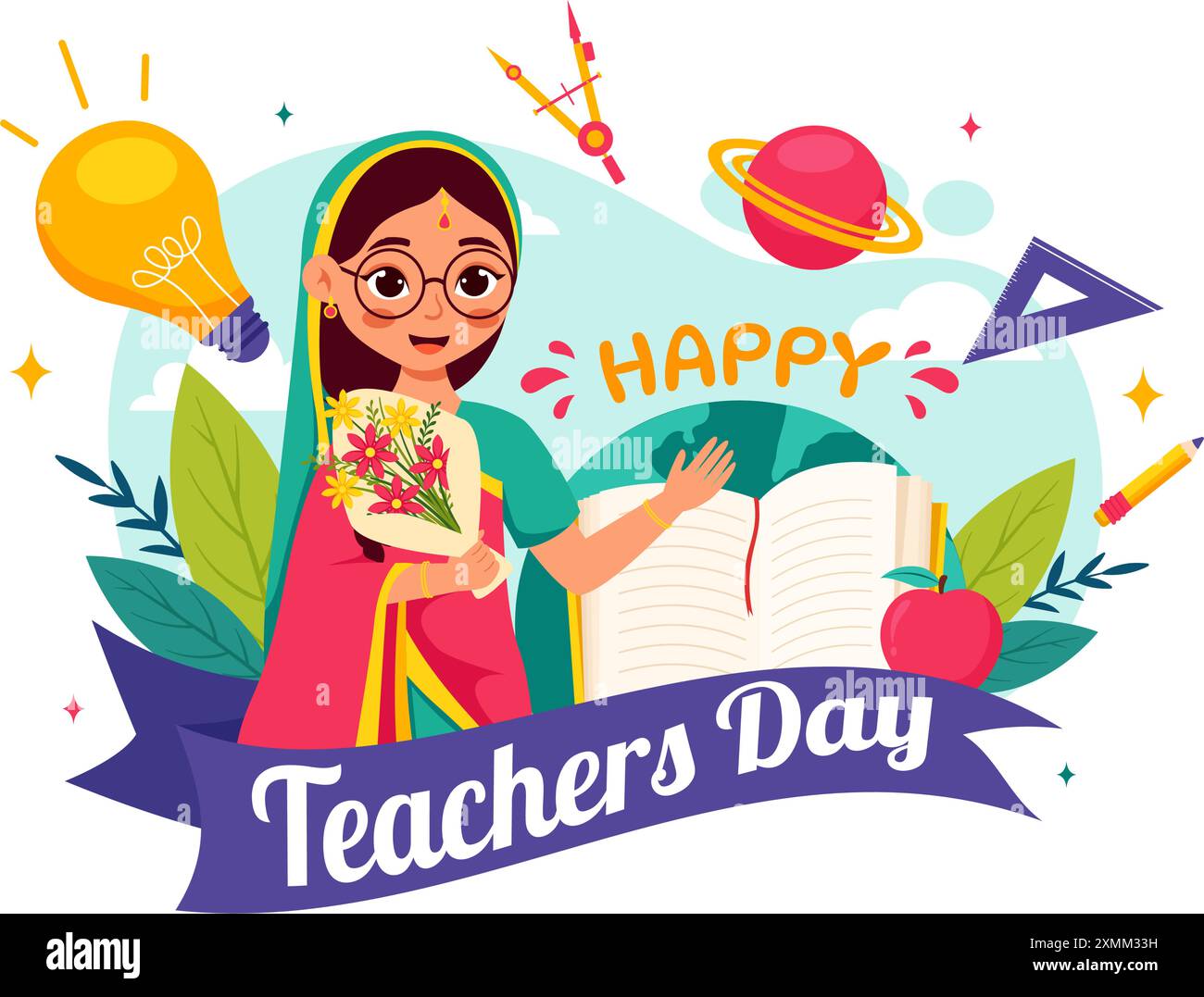 Happy Teachers Day in India Vector Illustration featuring Teacher Wearing Traditional Clothes and School Equipment in a Flat Cartoon Background Stock Vector