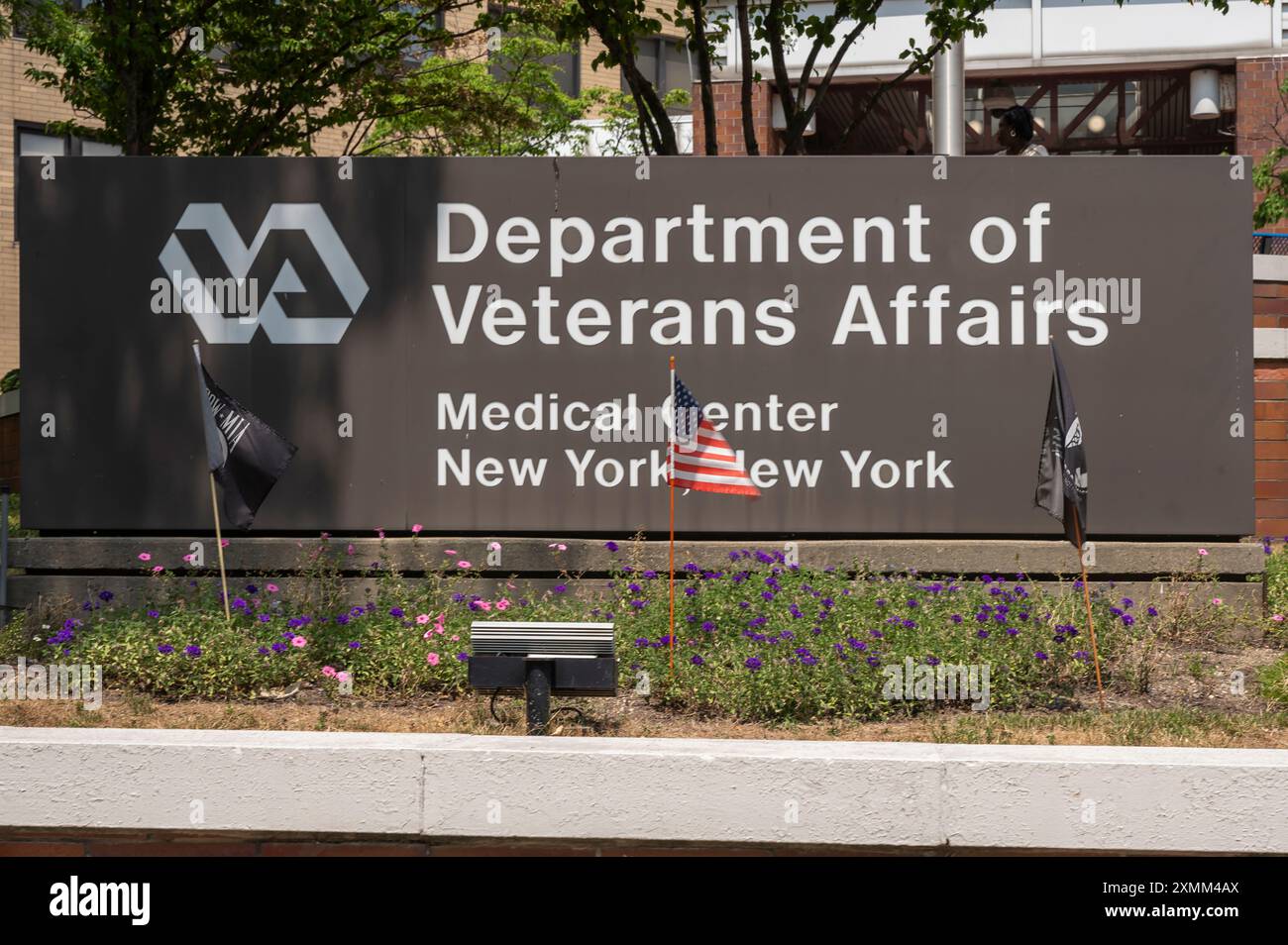 New York, United States. 28th July, 2024. Sign of the Department of Veterans Affairs Medical Center in New York seen during the Senate Majority Leader, Chuck Schumer (D-NY) briefing in front of the VA Hospital in New York City. Credit: SOPA Images Limited/Alamy Live News Stock Photo