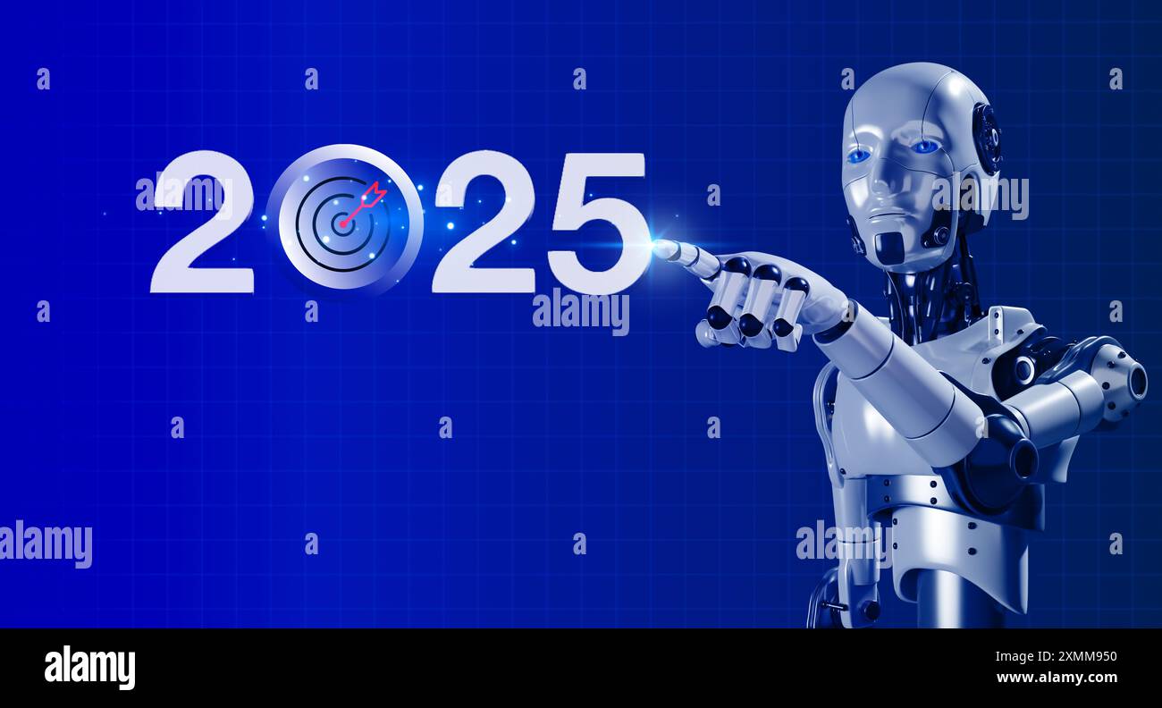 3d rendering AI robot humanoid touching on 2025 calendar year numbers with target icon on dark