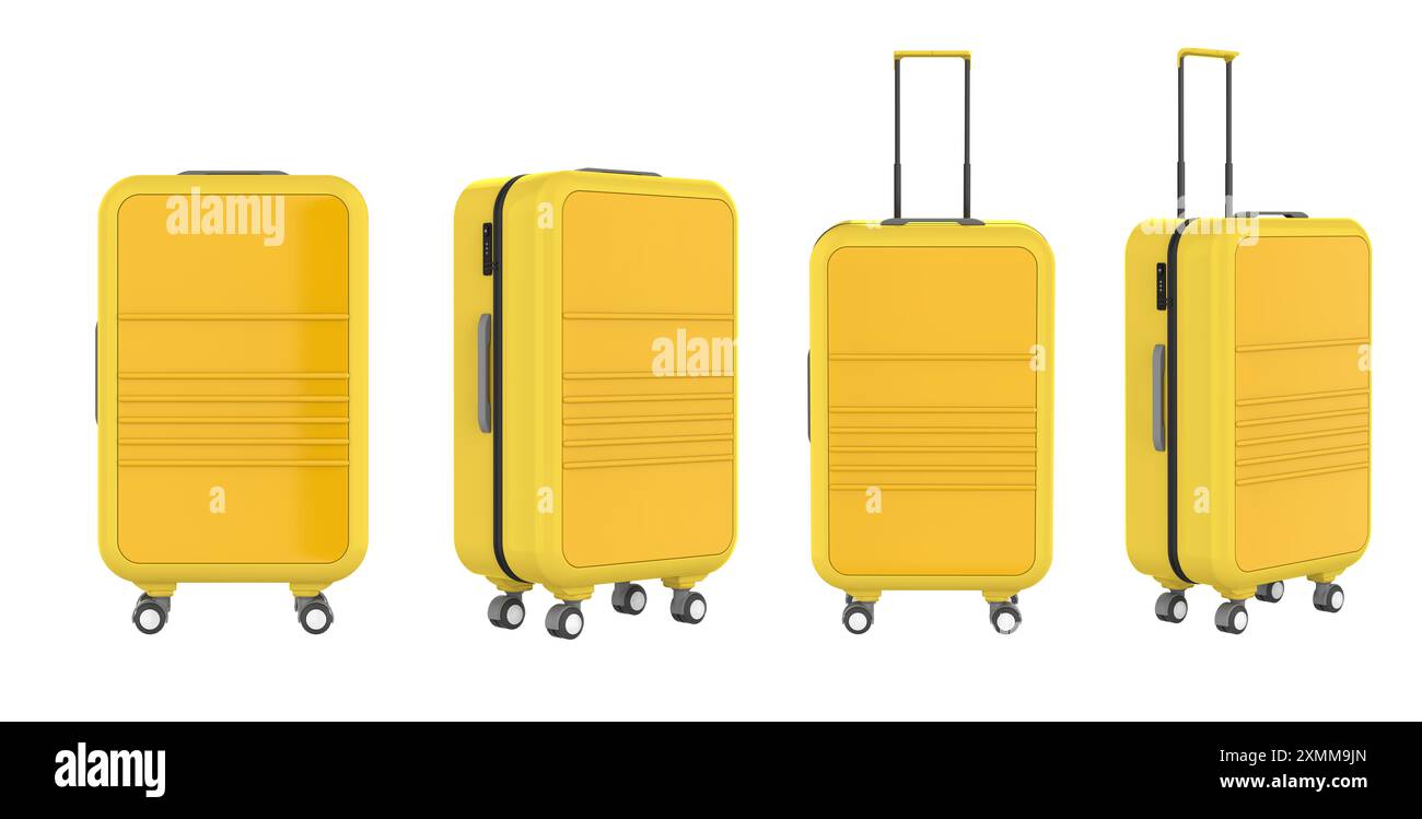 3d rendering set of yellow luggages in various angles isolated on white ...