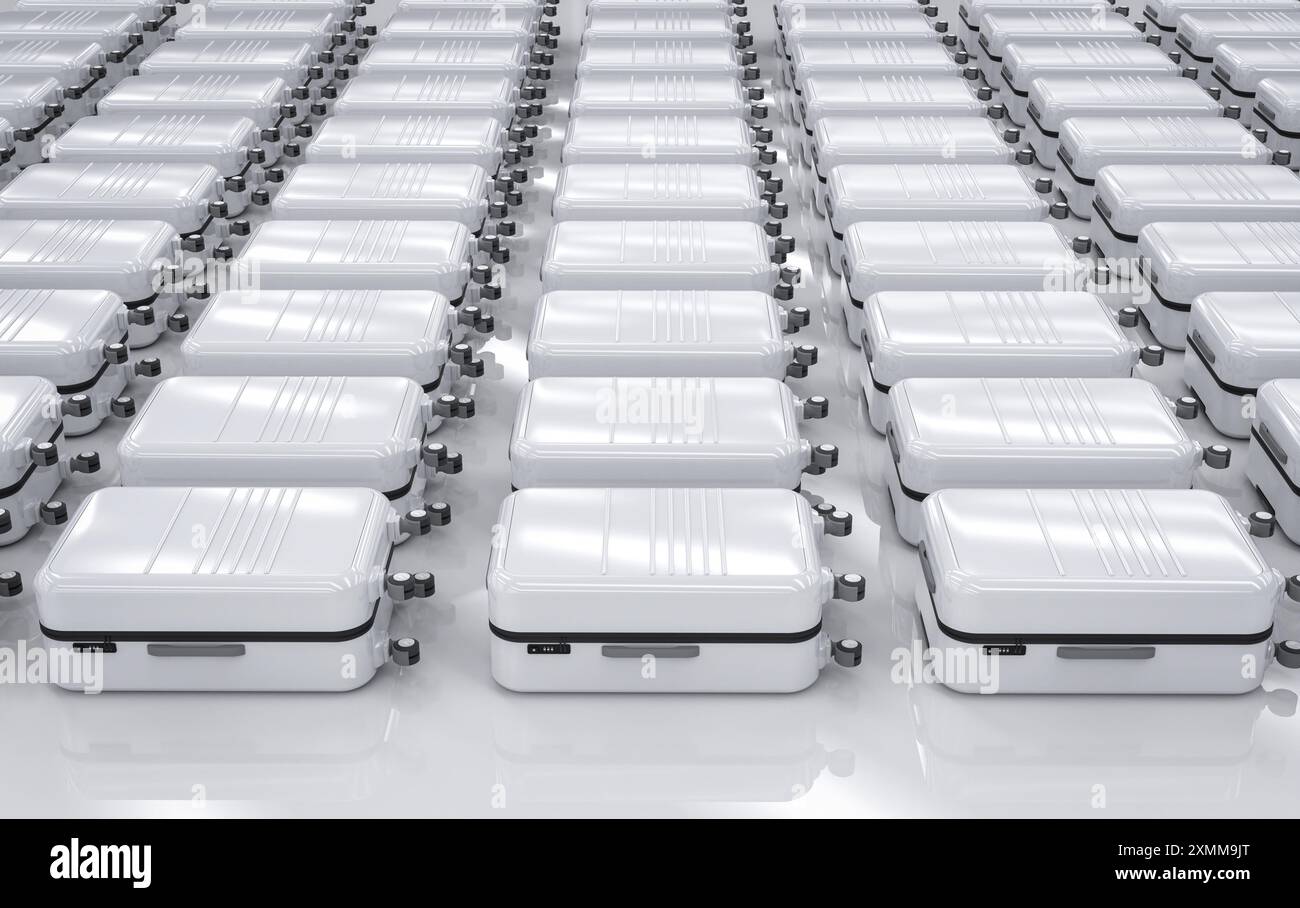 3d rendering a lot of white luggages in a row on white background Stock ...