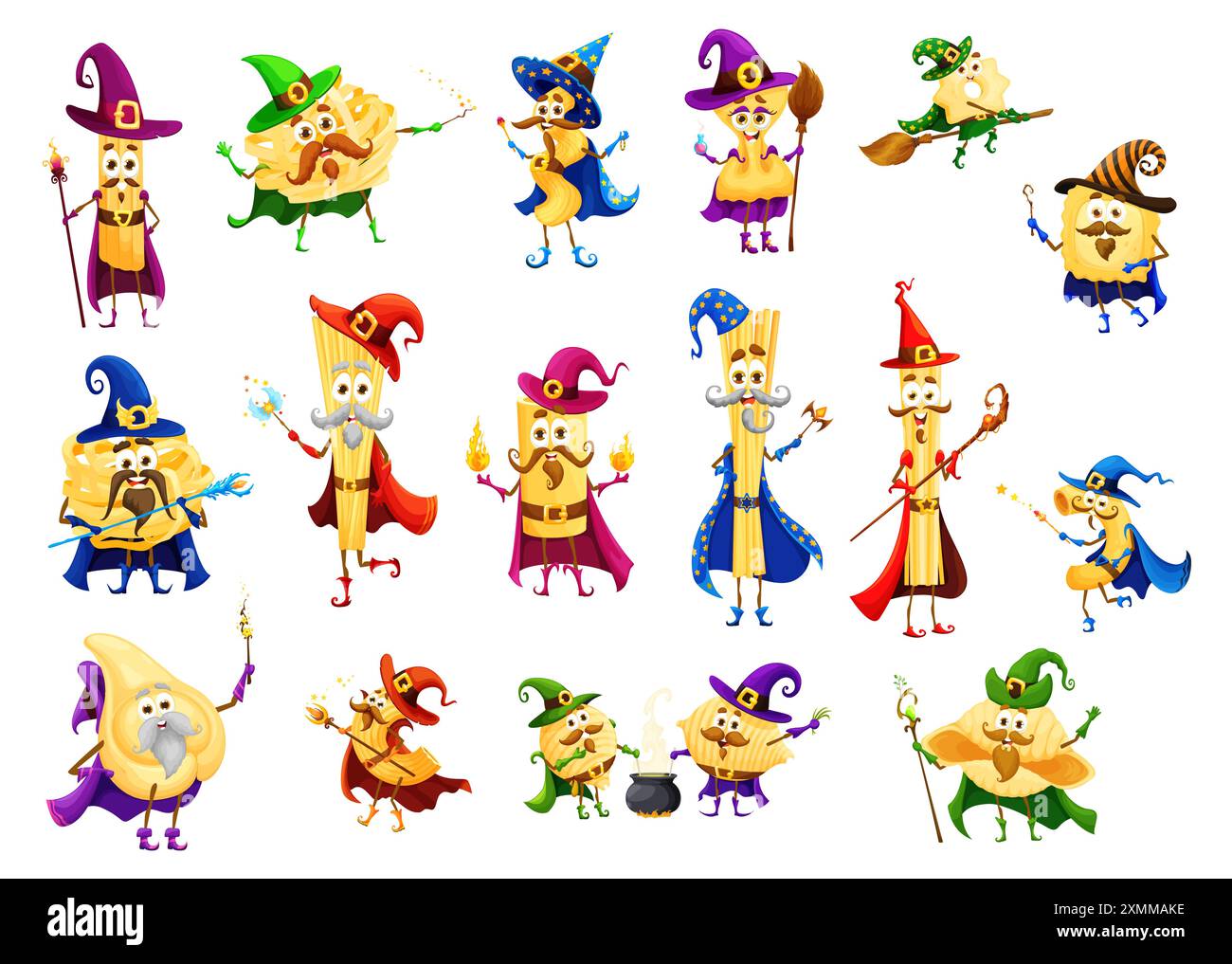 Cartoon halloween italian pasta wizard, mage and witch characters ...