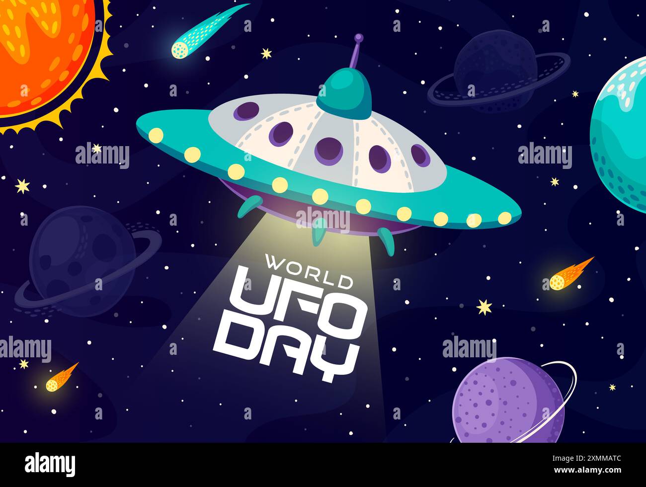 World ufo day banner features cartoon alien saucer emitting a beam of ...