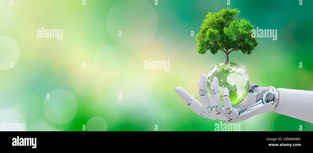 AI robot hand holds a globe crystal glass ball with a growing tree. The ...