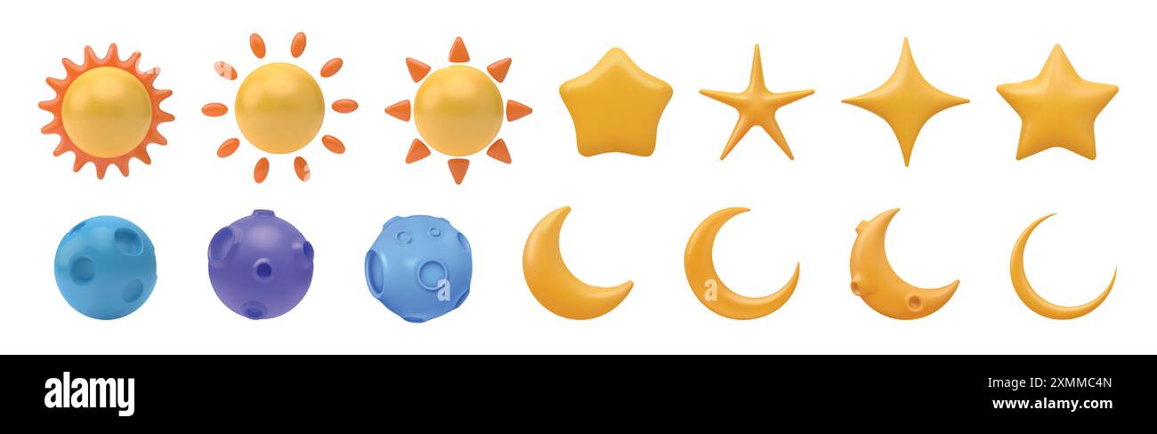 3d sun, moon and star, crescent. Night, day cloud cartoon icons, light shape of nature sky, sunny weather elements. Forecast meteorology objects. Vect Stock Vector