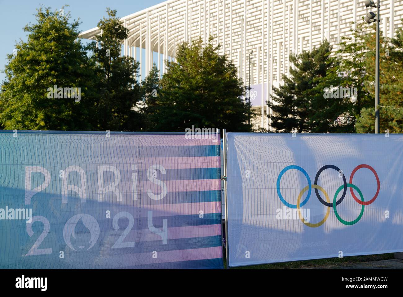 Signage, logos and symbols of the Paris 2024 Olympic Games. Bordeaux Olympic Stadium, Bordeaux