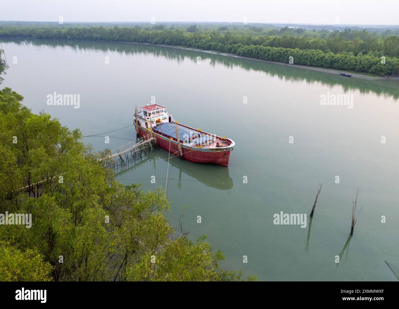 Shyamnagar Aerial view of a boat near the mangrove in the Sundarbans, Khulna ...