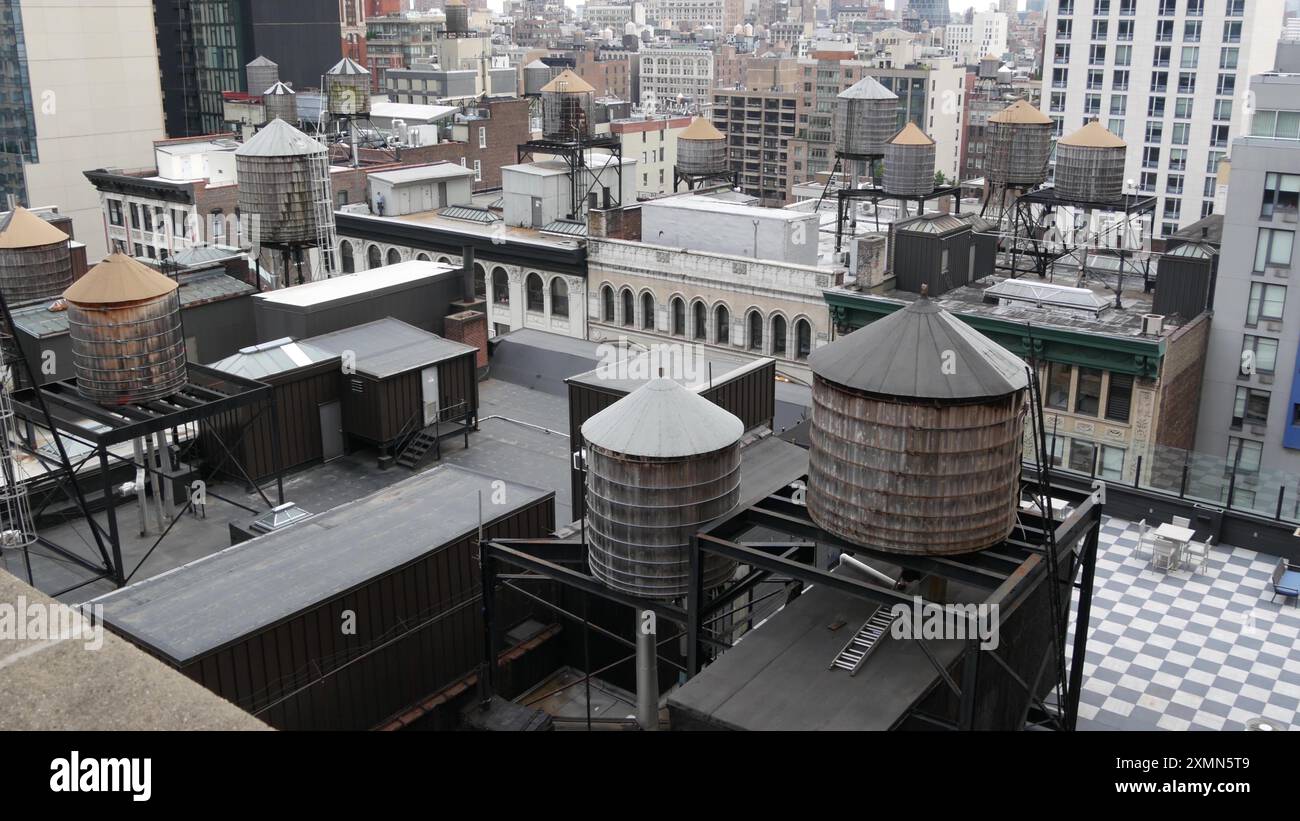 New York City Manhattan cityscape. Rooftop water towers from view point ...
