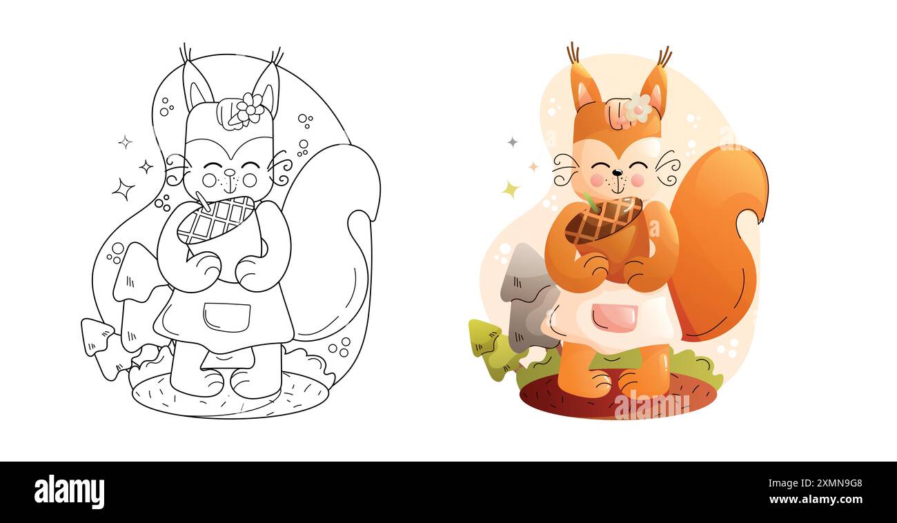 Cute Squirrel Coloring Page Black and White and Colored Versions. Childrens animals set Stock ...