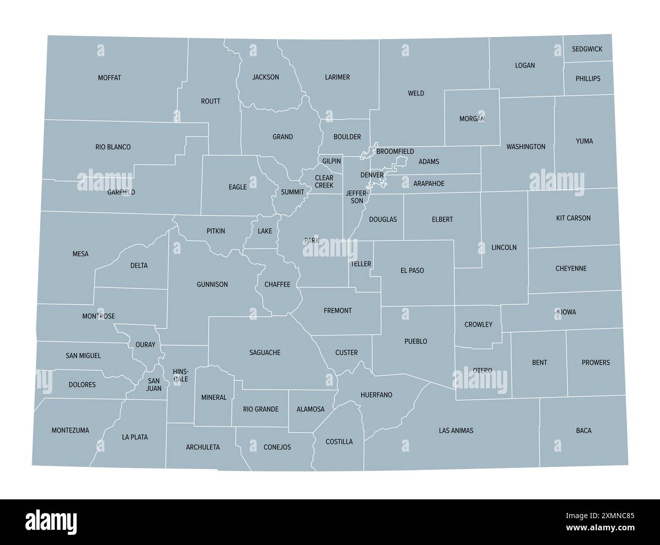 Colorado counties, gray political map with borders and county names