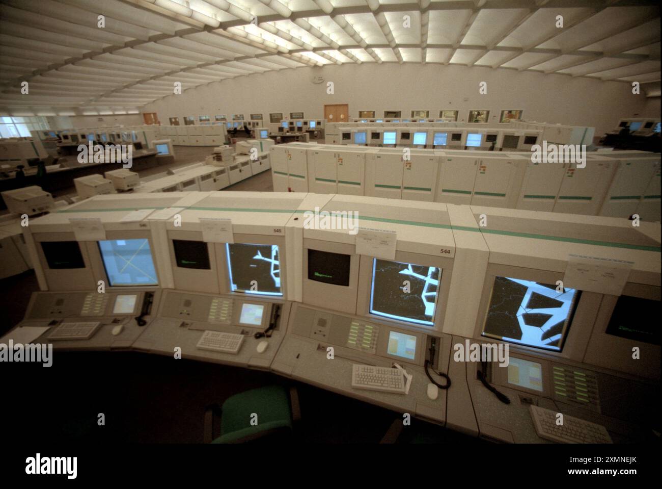 New Air Traffic Control headquarters at Swanwick near Southampton Hampshire England UK - unused for months after it was supposed to be in action, although it had cost a fortune. Constant problems with the new computer system were to blame. The £623m air traffic control centre is now one of the busiest and most complex in the world. It finally opened in January 2002 - six years overdue. It controls 200,000 sq miles of air space, from an operation room covering 2,000 sq metres. Its computer system was tested for 650,000 hours before launch, and has more than two million lines of software code - Stock Photo