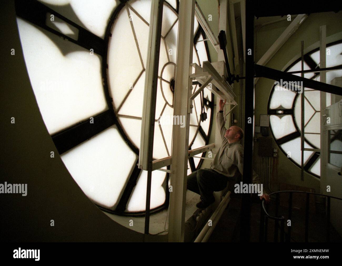 Southampton Civic Centre Clock Tower (built 1933) celebrates Isaac Watts.   Isaac Watts was a prolific hymn writer - the ‘Father of English Hymnody’. Born in Southampton in 1674. .Every day the bells in the tower play Watts’ hymn ‘O God, Our Help In Ages Past’. This picture was of the clockface being spruced up for the 250th anniversary.    22 November 1998    Picture by Roger Bamber Stock Photo