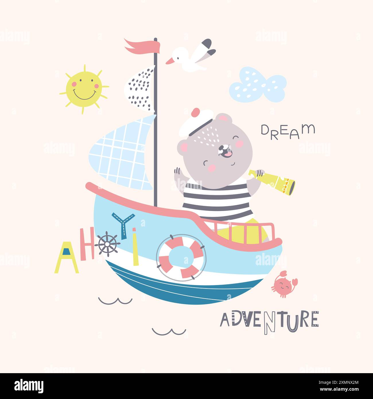 Bear sailor. Funny animal in sailing costume on boar or ship. Ocean adventures childish t-shirt print design. Nautical character, nowaday vector Stock Vector