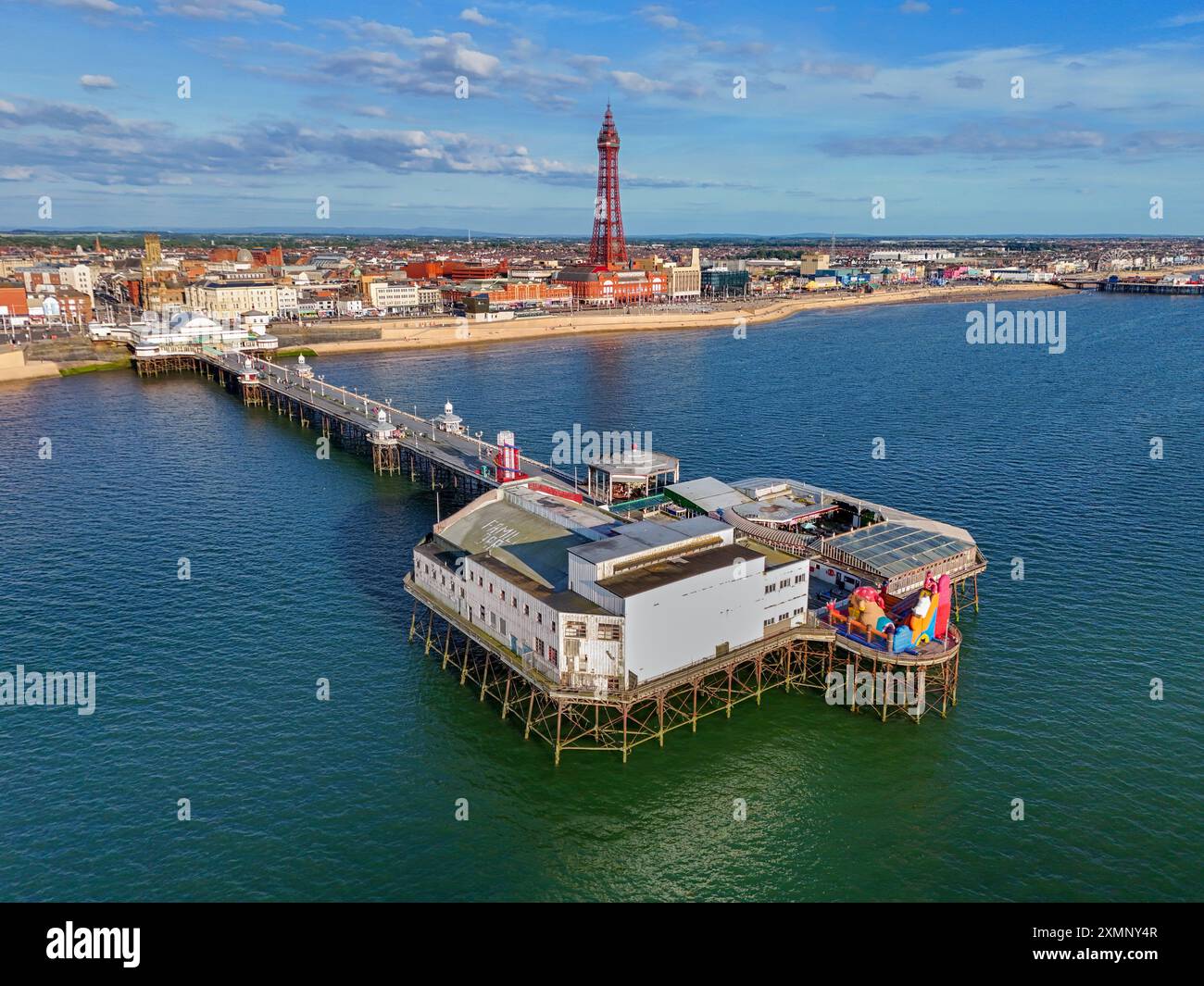 Aerial Image of Blackpool Tower along the Fylde Coast, Lancashire during a lovely Summer evening on the Sea front. 28th July 2024. Stock Photo