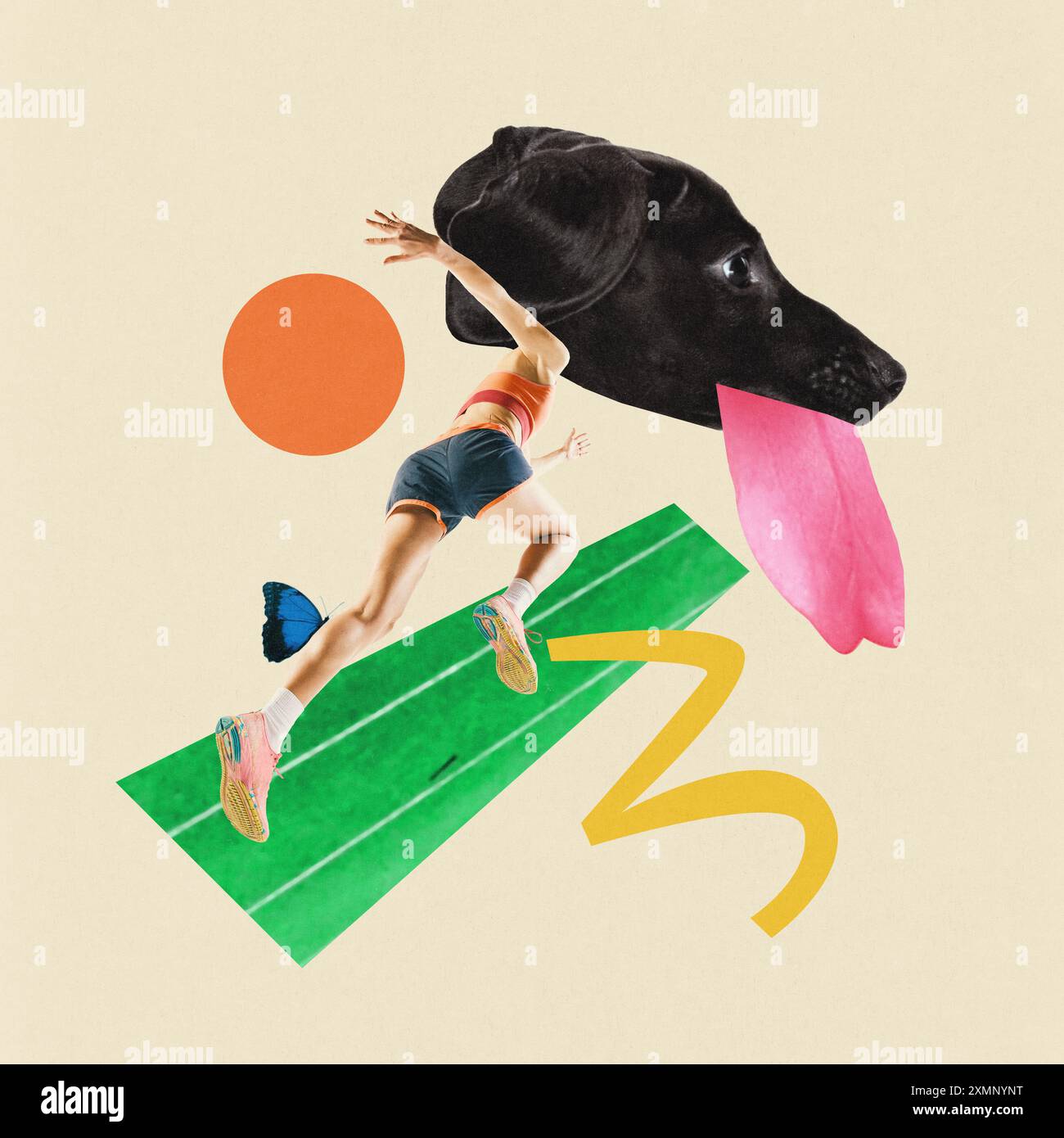 Contemporary art collage. Fast runner with huge dog's head with ...